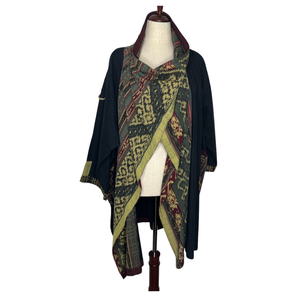 Vintage Women's Ikat Poncho Shawl L XL Black Cotton Kimono Artisan Indonesia